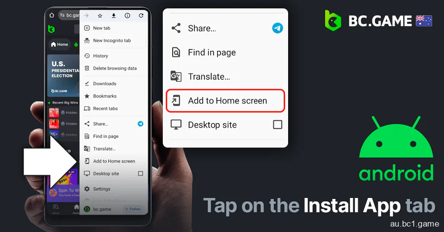 Click the “Add to Home Screen” button to place the BC.Game shortcut there