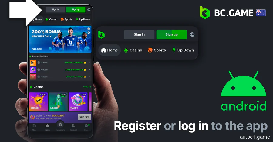 Log in or register in BC.Game app