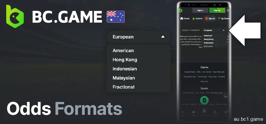 Odds formats in BC.Game mobile app