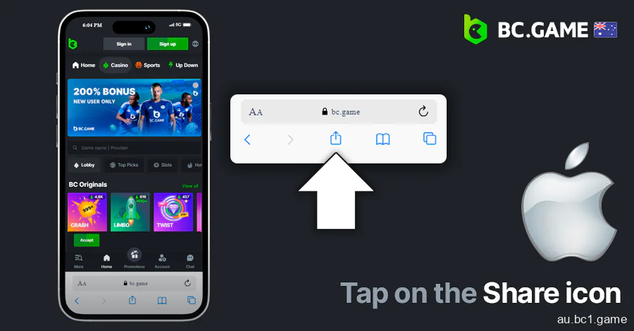 Click the share button to create a shortcut to BC.Game