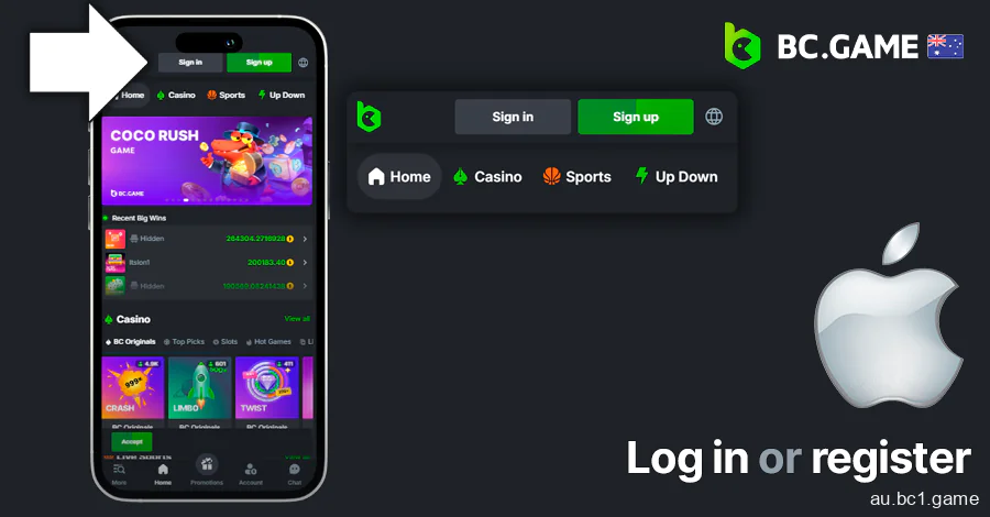 Log in or register in BC.Game app for iOS