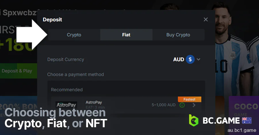 Choose Crypto, Fiat or NFT at BC.Game deposit section