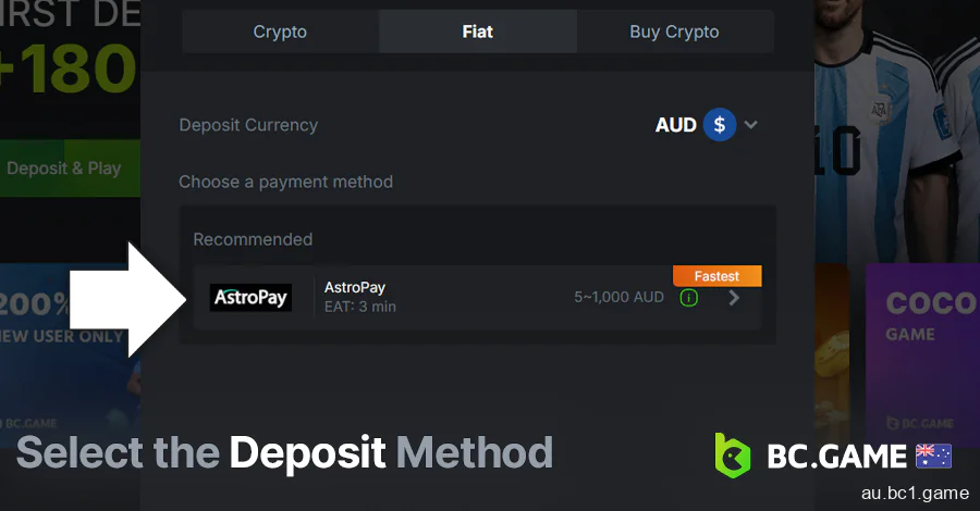 Select the deposit method at BC.Game