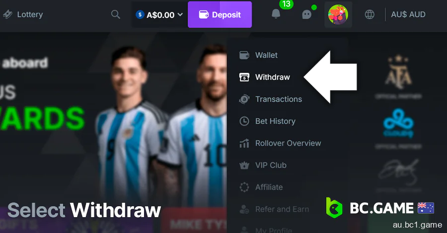 Select Withdraw at BC.Game menu