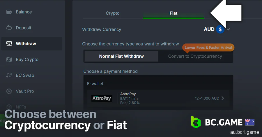 Chose Cryptocurrency or Fiat at BC.Game