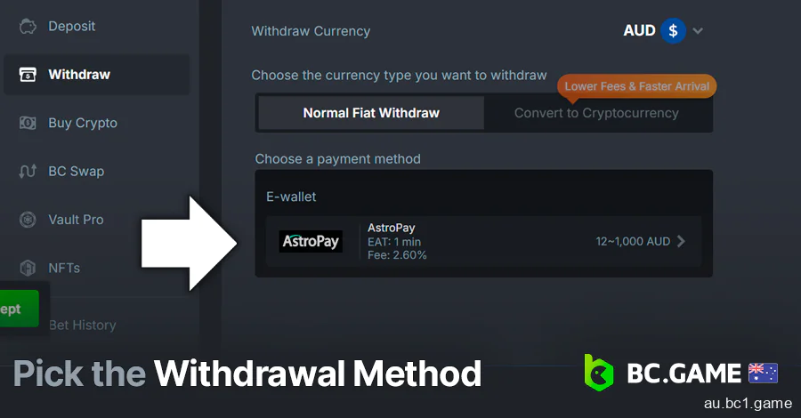 Pick the withdraw method at BC.Game