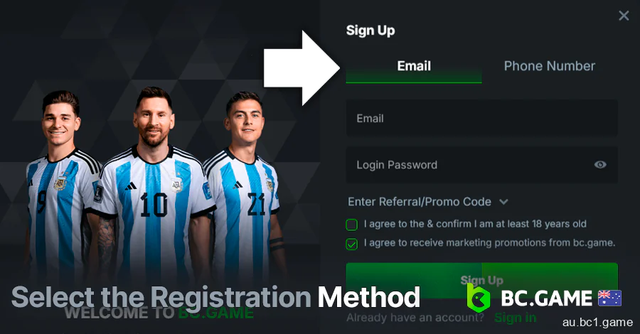 Select the registration method at BC.Game