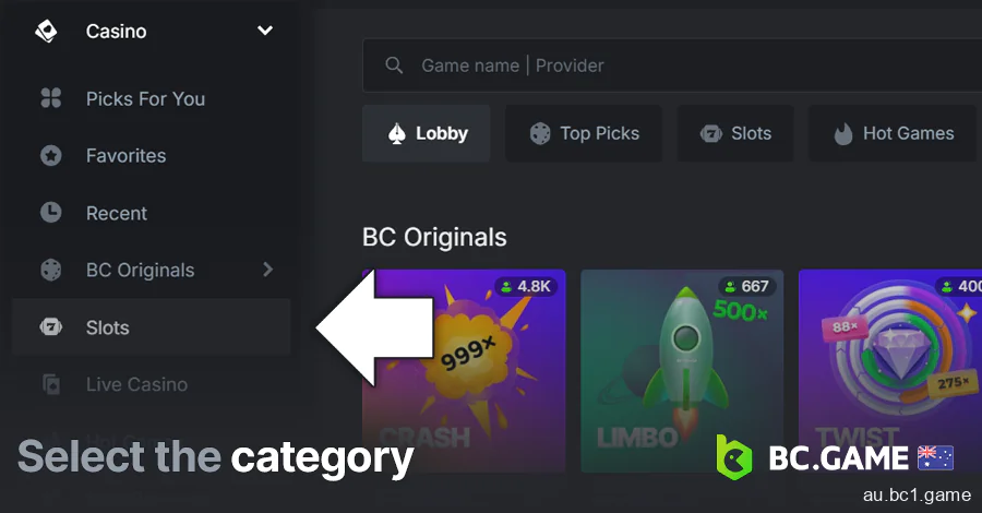 Select the category at BC.Game casino section