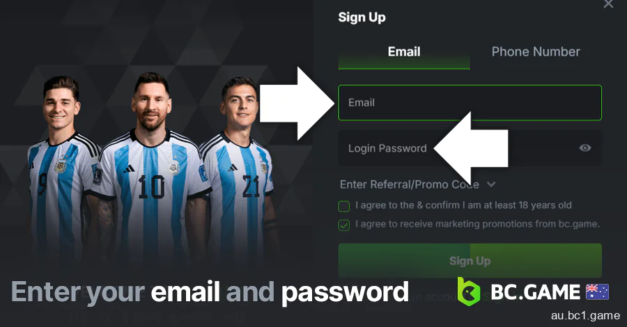 Enter email and password in BC.Game registration form