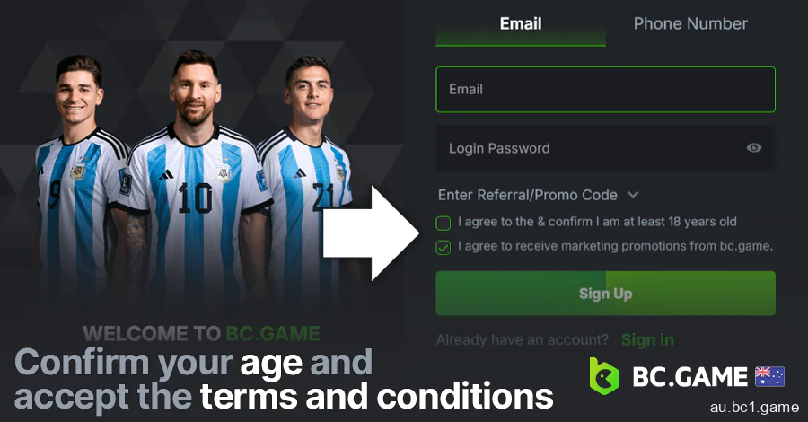 Confirm your age and accept the terms in BC.Game