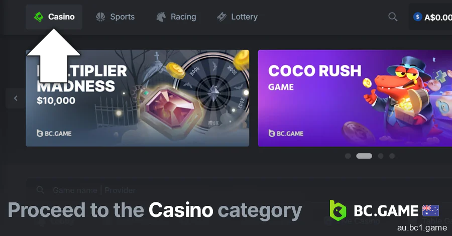 Open Casino section in BC.Game