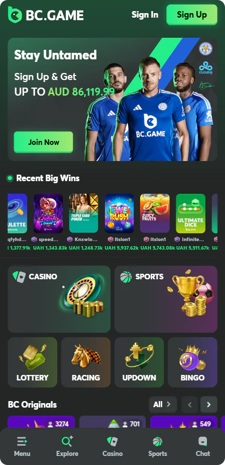 Screenshots of the main page of BC.Game app