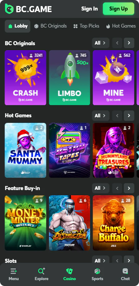 Screenshots of the casino section of the BC.Game app